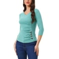 thumbnail image 4 of INSPIRE CHIC Women's Ruched Blouse Button Decor V Neck 3/4 Sleeve Solid Knit Top XL Dark Cyan, 4 of 5