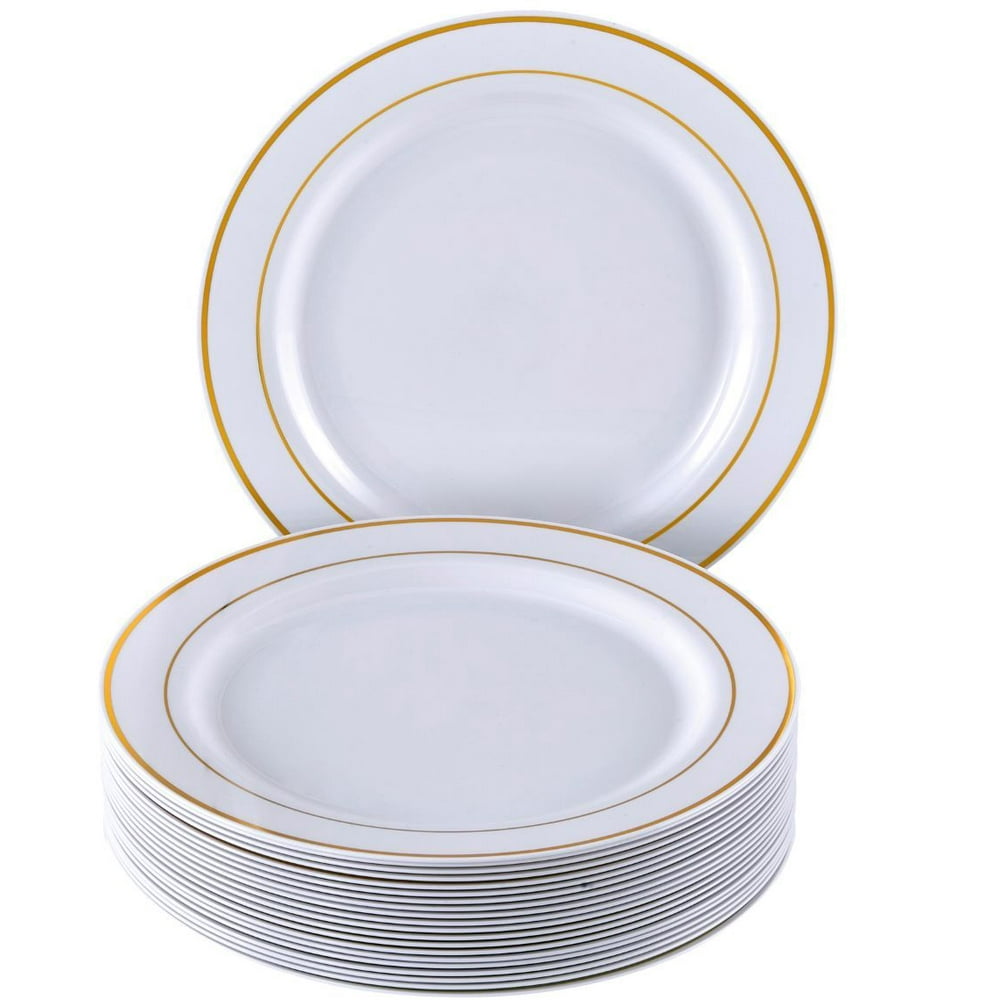 DISPOSABLE DINNERWARE SET, 20 Dinner Plates Glare White/Gold (10.25")