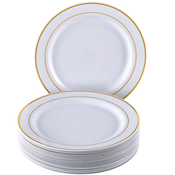 DISPOSABLE DINNERWARE SET, 20 Dinner Plates Glare White/Gold (10.25 DISPOSABLE DINNERWARE SET, 20 Dinner Plates Glare White/Gold (10.25