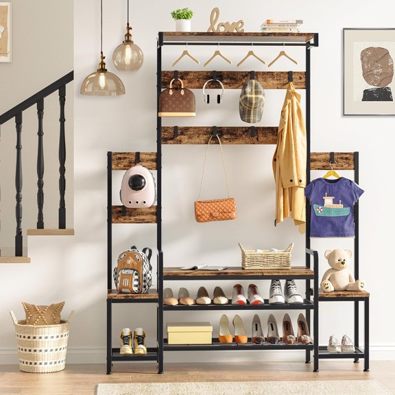 Meilocar Parent-Child Hall Tree with Bench and Shoe Storage, Coat Racks Free Standing, 5-in-1 Hall Tree with Hanging Rod and Hooks for Entrance, Foyer, Mudroom (Rustic Brown)