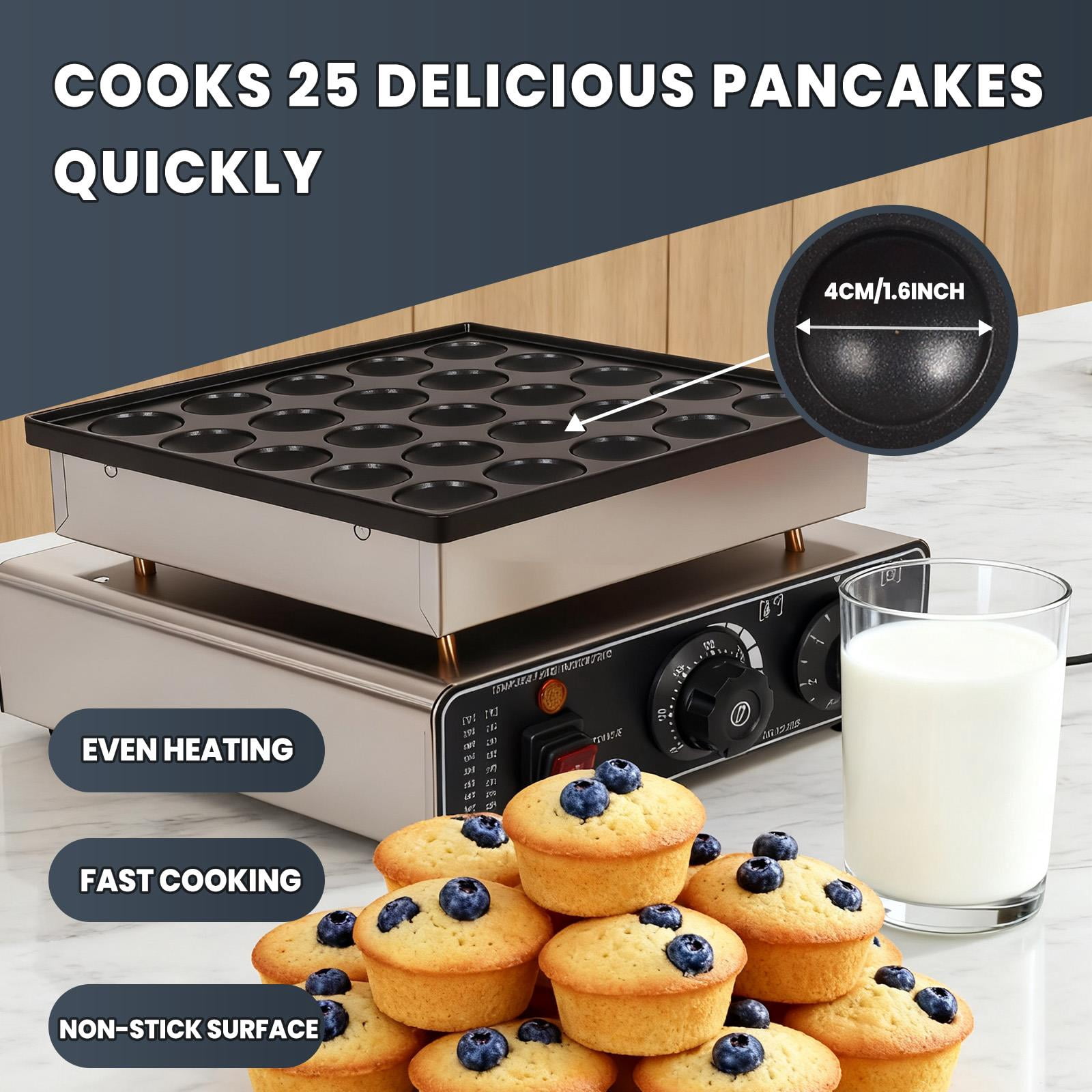 QUHEE 110V Mini Pancake Baker, 25 PCS 900W Commercial Electric Nonstick Waffle Maker Machine, 1.6 Inches Pancake Maker with  Thermostats &  Timers Separate Control, for Home and Restaurants