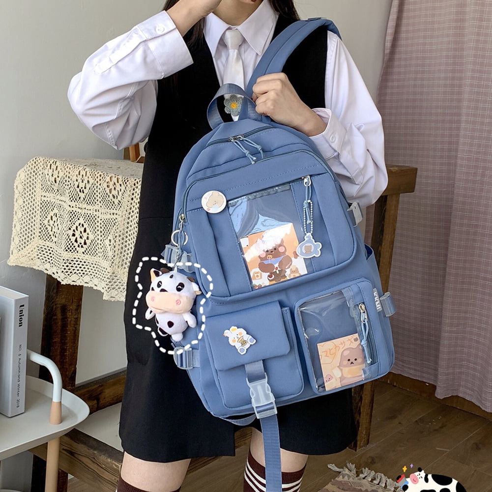 Cute Kawaii Backpack 4Pcs Canvas Backpack Give away bear pendant Pencil  Pouch Shoulder Bag Lunch Bag for Girls Boys (Red)