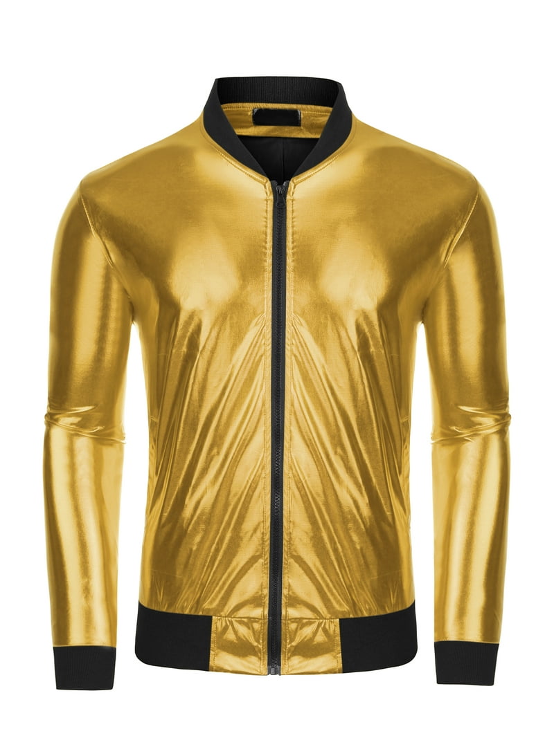 INSPIRE CHIC Men's Metallic Jacket Zip Up Disco Party Shiny
