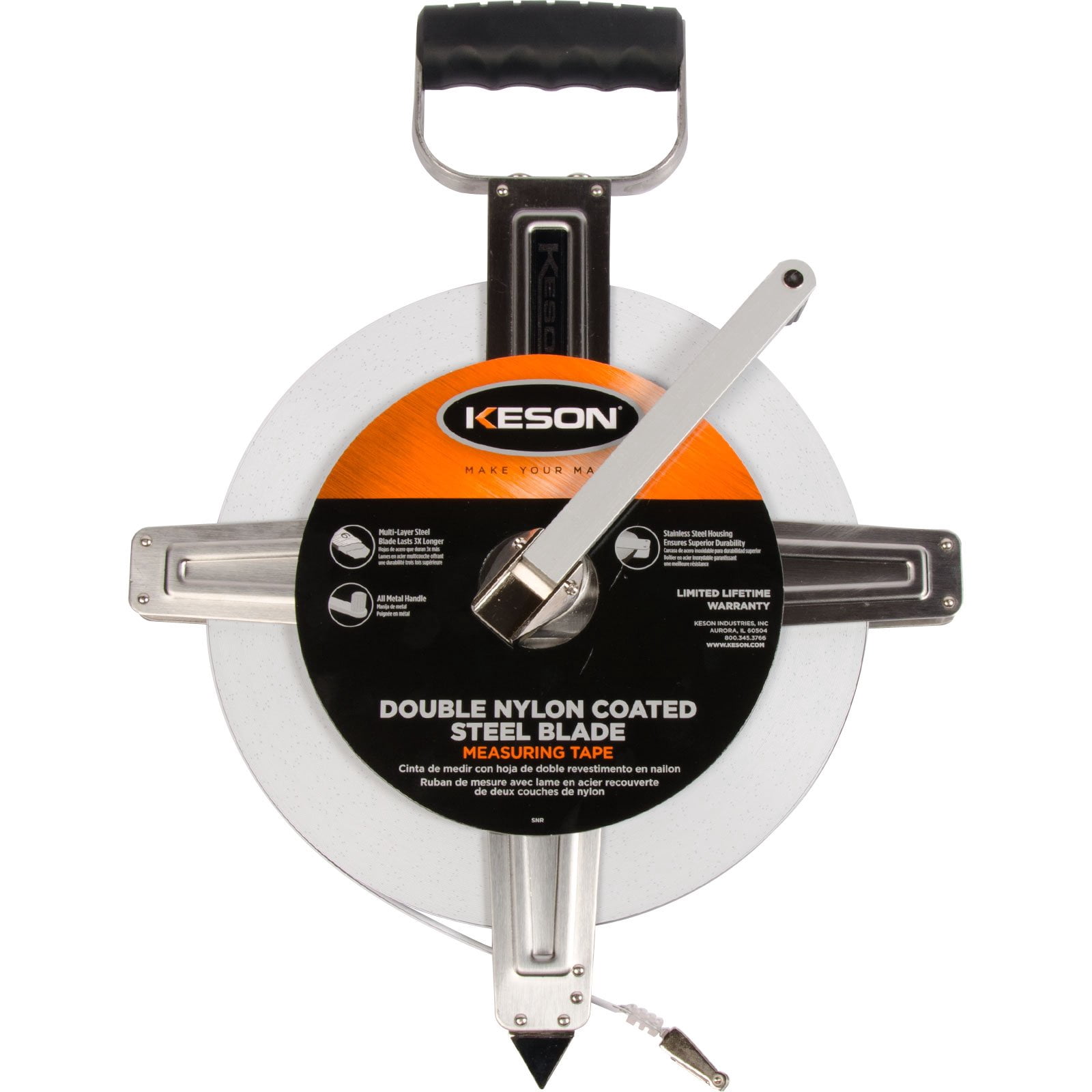 Keson SNR18100 Nylon-Reinforced Steel Blade Tape Measure, Stainless Steel Housing with Hook End (Graduations: ft., in., 1/8), 100-Foot CA2