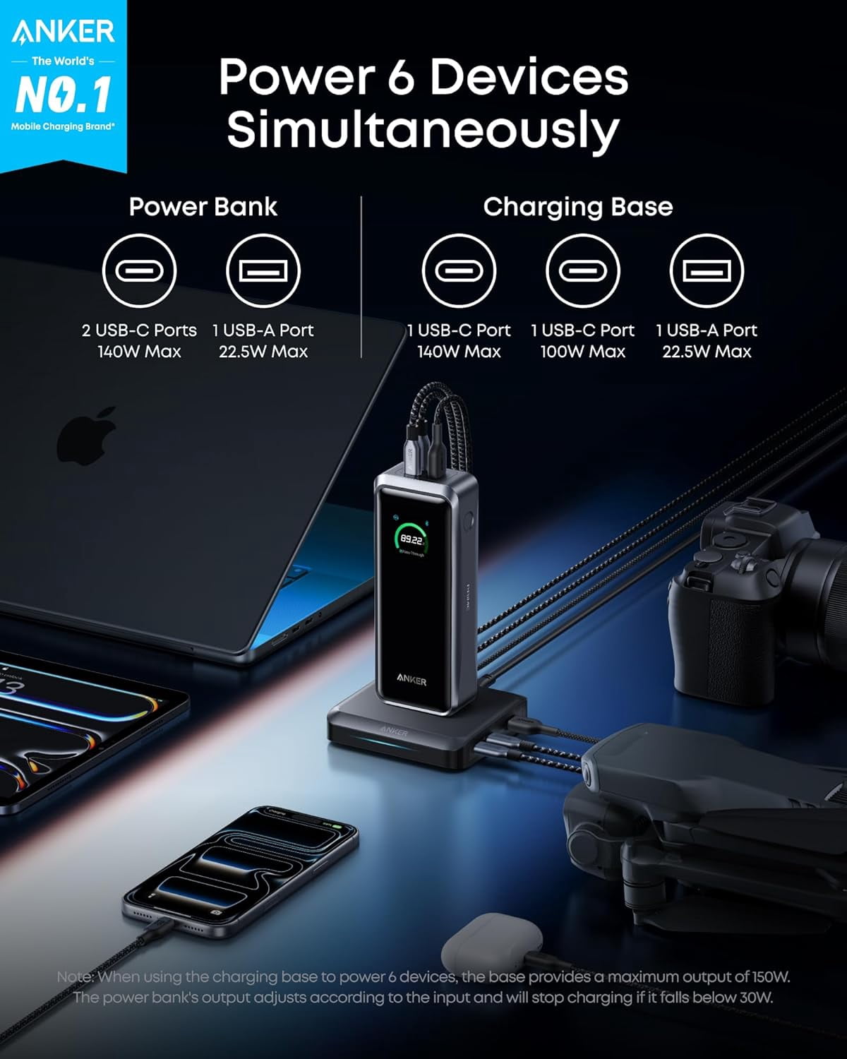 Anker Prime Power Bank and Charging Base, 26,250mAh 300W Max Portable Charger with Base for 6 Devices, Two-Way Charging, TSA-Approved, App Control, compatible for MacBook, iPhone 17 Series, and More