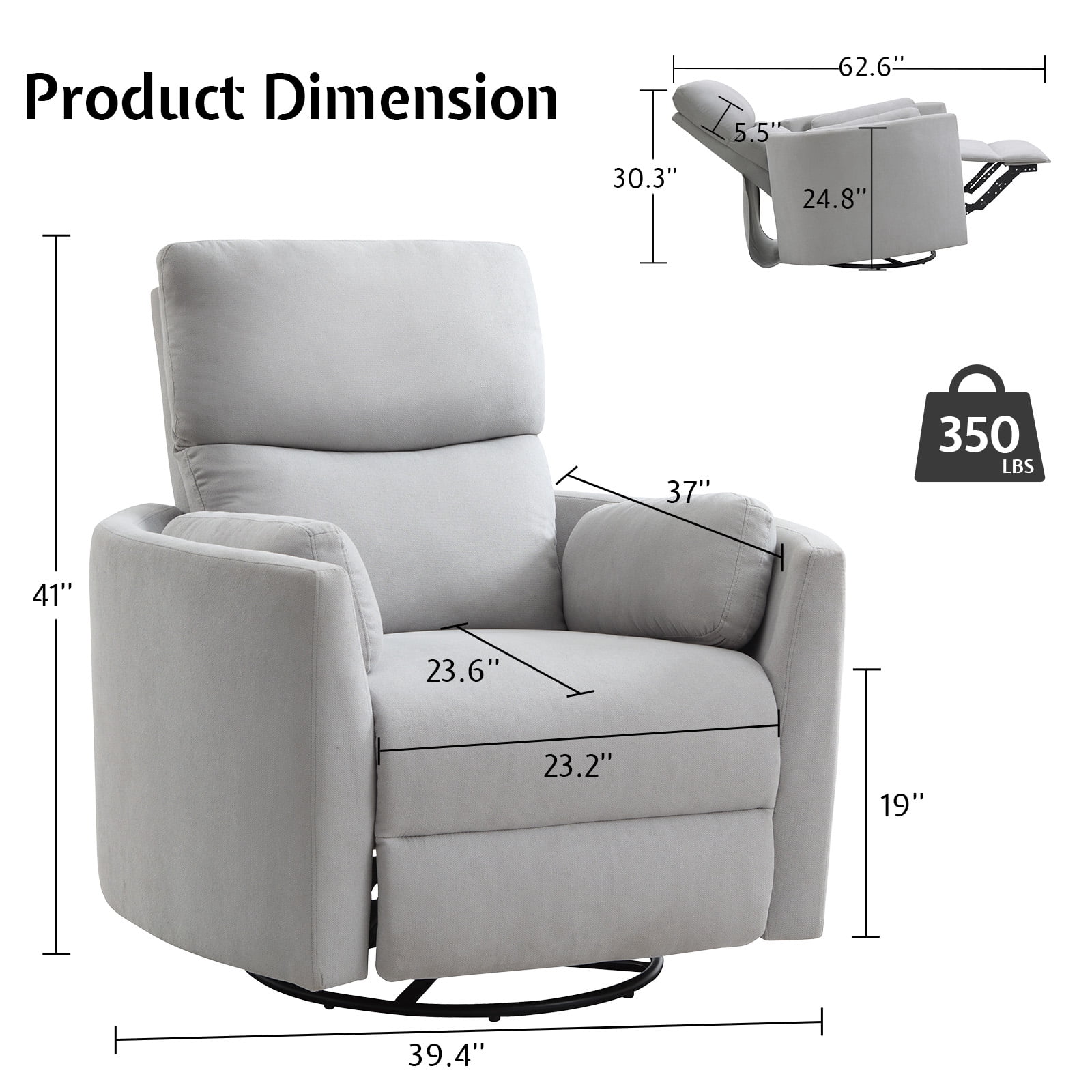 Merluxy Power Swivel Recliner Chair with USB Charging & 2 Pillows, Glider Rocker for Nursery and Living Room, Grey Fabric