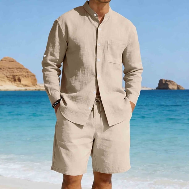Ceisia Men's Casual Linen-Like Solid Color 2-Piece Outfit Stand Collar Long Sleeve Shirt and Drawstring Shorts Set Gift