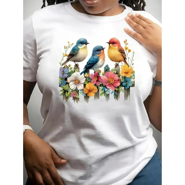Women's Casual Crew Neck T-Shirt with Bird and Floral Print, Regular Length, All-Season Top