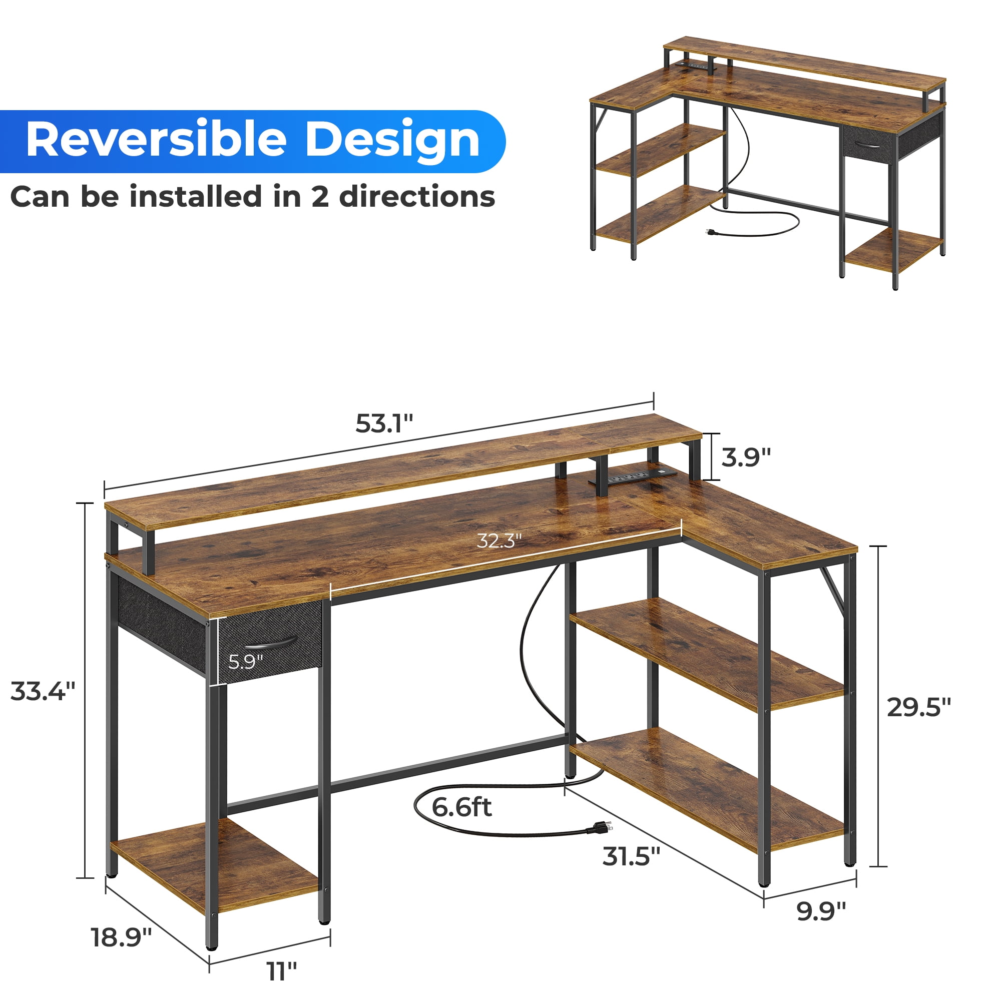 SUPERJARE L-Shaped Gaming Desk, LED Computer Desk with Power Outlets, Office Corner Desk with Drawer, Reversible L Shape Desk in Black