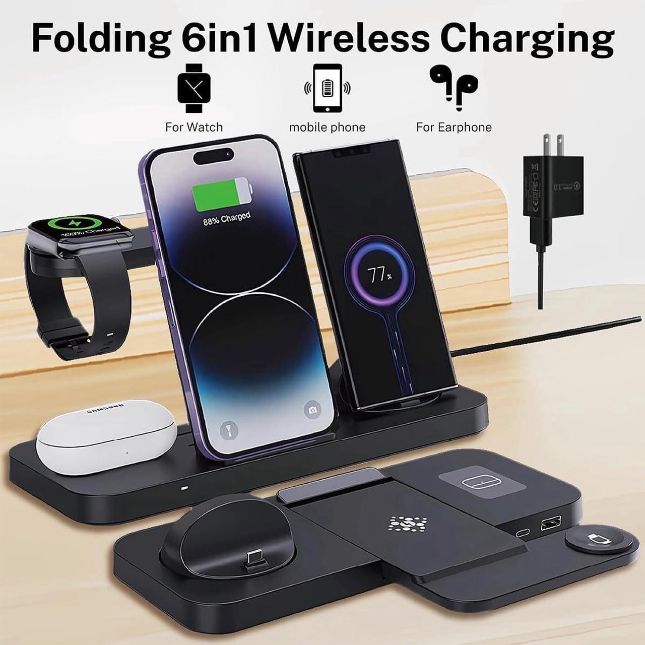 6-in-1 Fast Wireless Charging Station for iPhone 16/15/14/13 Series, Apple Watch Ultra/9/8/7/6/5/4/3/2/1, AirPods Pro/1/2,18W Qi-Certified Wireless Charger with QC 3.0 Adapter