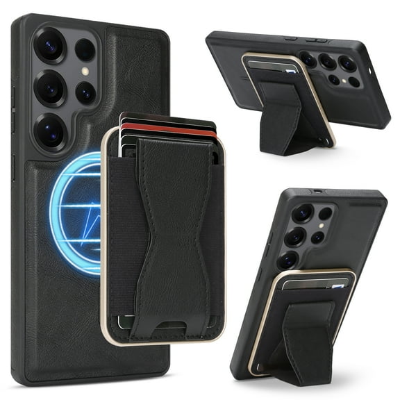 Allytechgroup for Samsung Galaxy S24 Ultra Protective Case with Magnetic Card Pocket & Kickstand, Shock-Absorbent PC TPU Anti-Fingerprint Wireless Charging for Samsung Galaxy S24 Ultra, Black