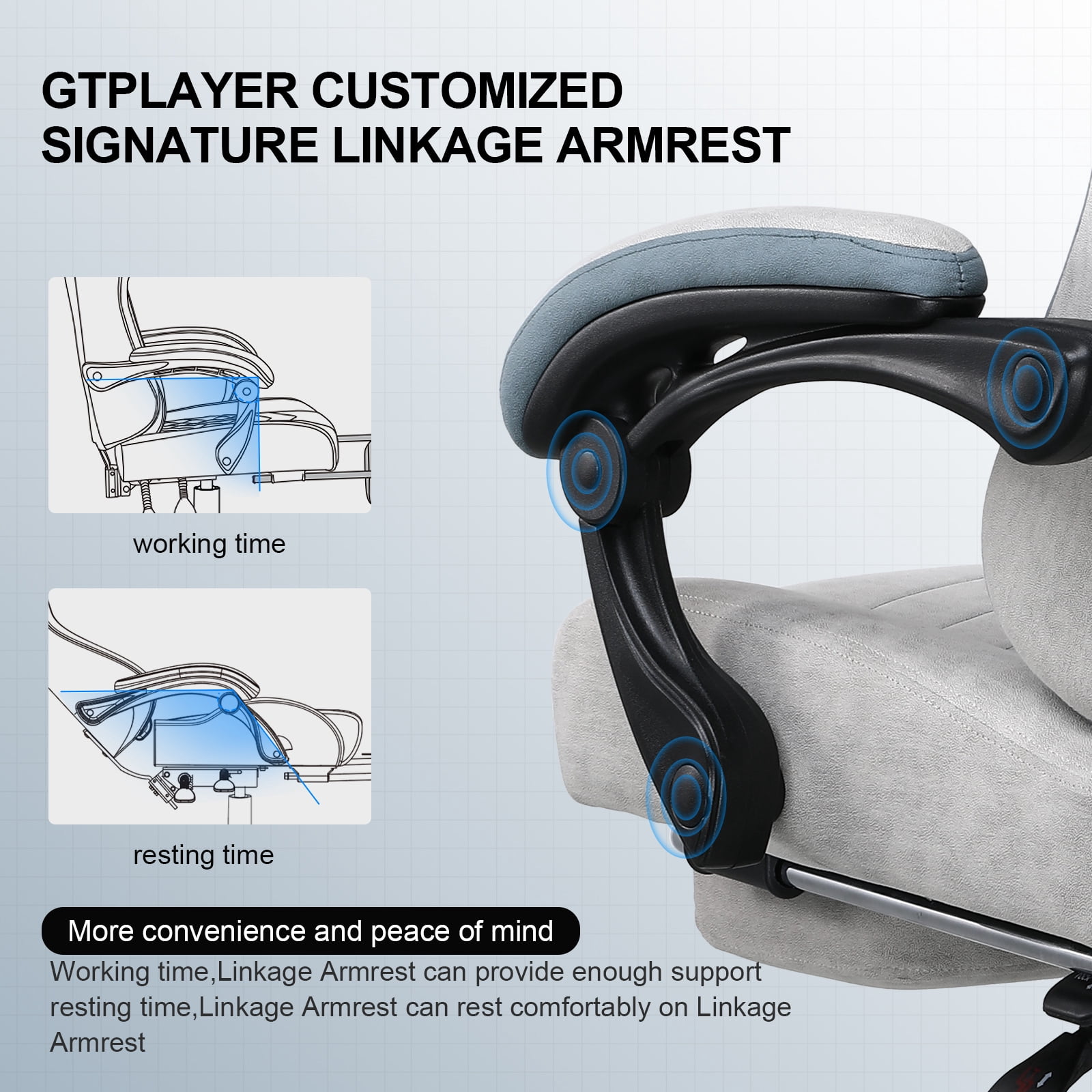 GTPLAYER Ergonomic Pocket Spring Cushion Gaming Chair with Footrest and Linkage Armrests, Gray