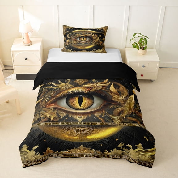 Homewish Vintage Magic Dragon Twin Duvet Cover,Hippie Evil Eye Twin Bedding,Black Gold,Black Reversible,2-Piece,1 Duvet Cover and 1 Pillowcase