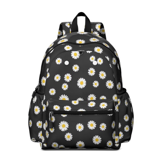 Daisy Pioneer Flower Black Pattern Backpack for School, Cute School Bag with Adjustable Shoulder Straps and Padded Back, 13.4"x11"x4.7"