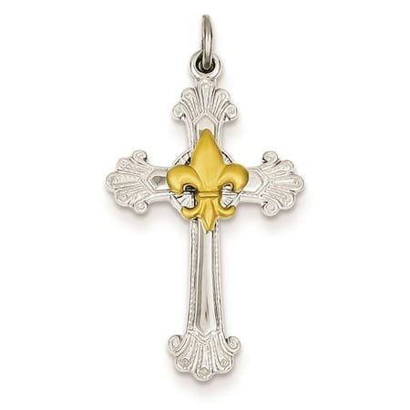 Sterling Silver & Gold Plated Cross & Fleur de lis Textured Charm Pendant