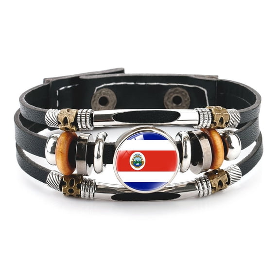 Uijokdef Country Flag Leather Bracelet, Multi-Layer Black Cowhide Design, 7.87 Inches