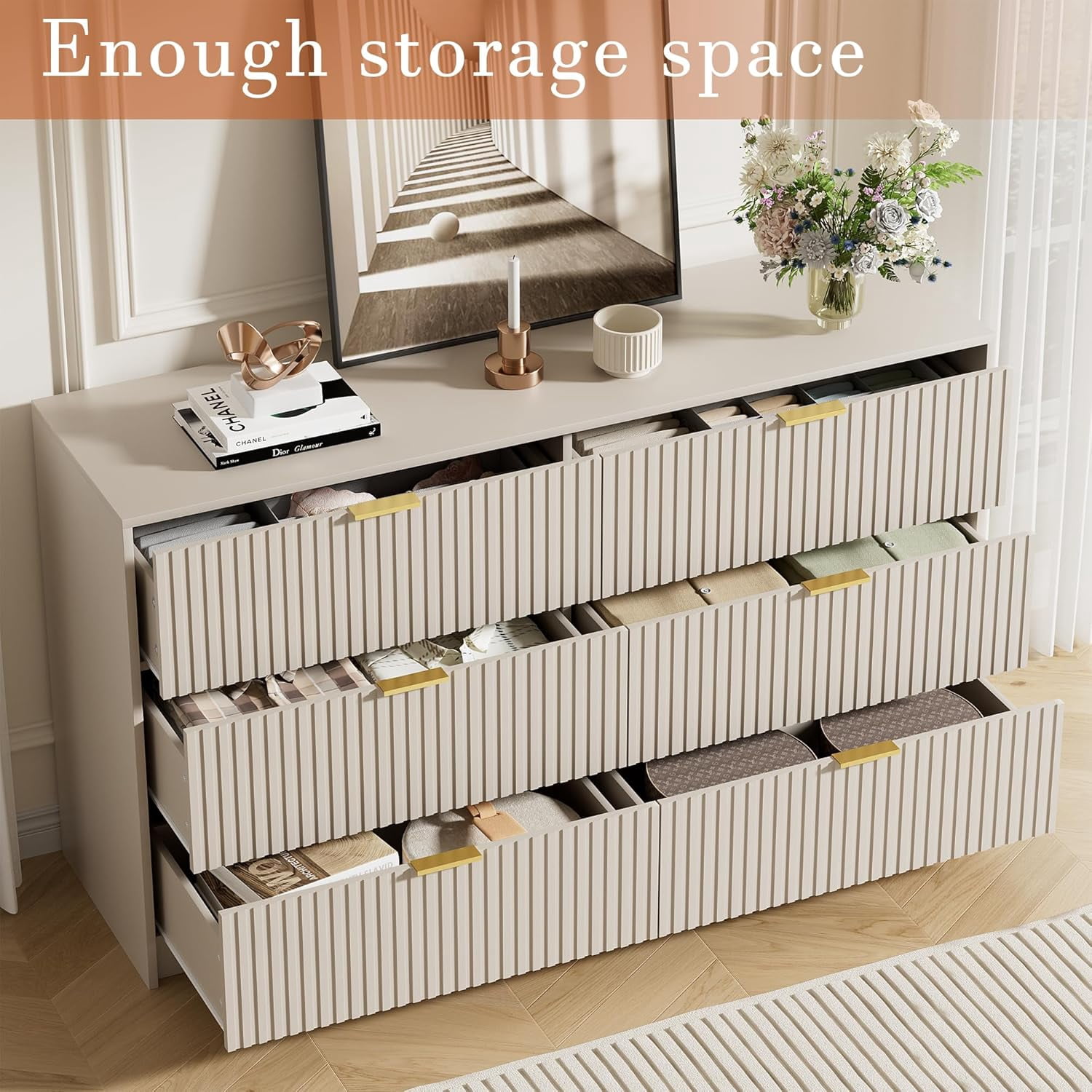FURNIWAY Beige 6 Drawer Dresser for Bedroom, 55 Inch Wide Modern Chest of Drawers with Fluted Wood Front and Gold Metal Handles for Living Room Hallway