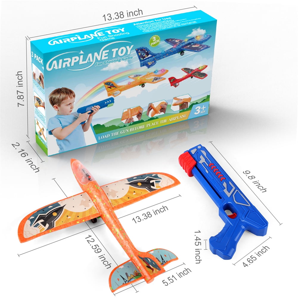 Allaugh 3 Pack Airplane Launcher Toy, 12.6" Foam Glider Led Plane, 2 Flight Mode Catapult Plane Boy Toys with 3 DIY Stickers, Outd