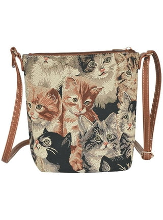Cat design printed Leather crossbody shoulder bag purse Navy and