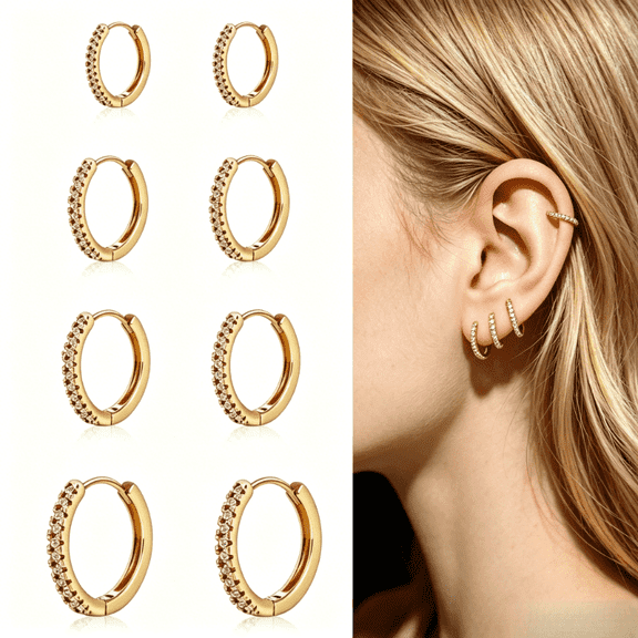 4Pairs CZ Huggie Hoop Earrings Set, Gold/Silver Plated Small Crystal Hoops for Women, Multi-Size Cartilage Piercing Jewelry  Wedding anniversary gift / Birthday present
