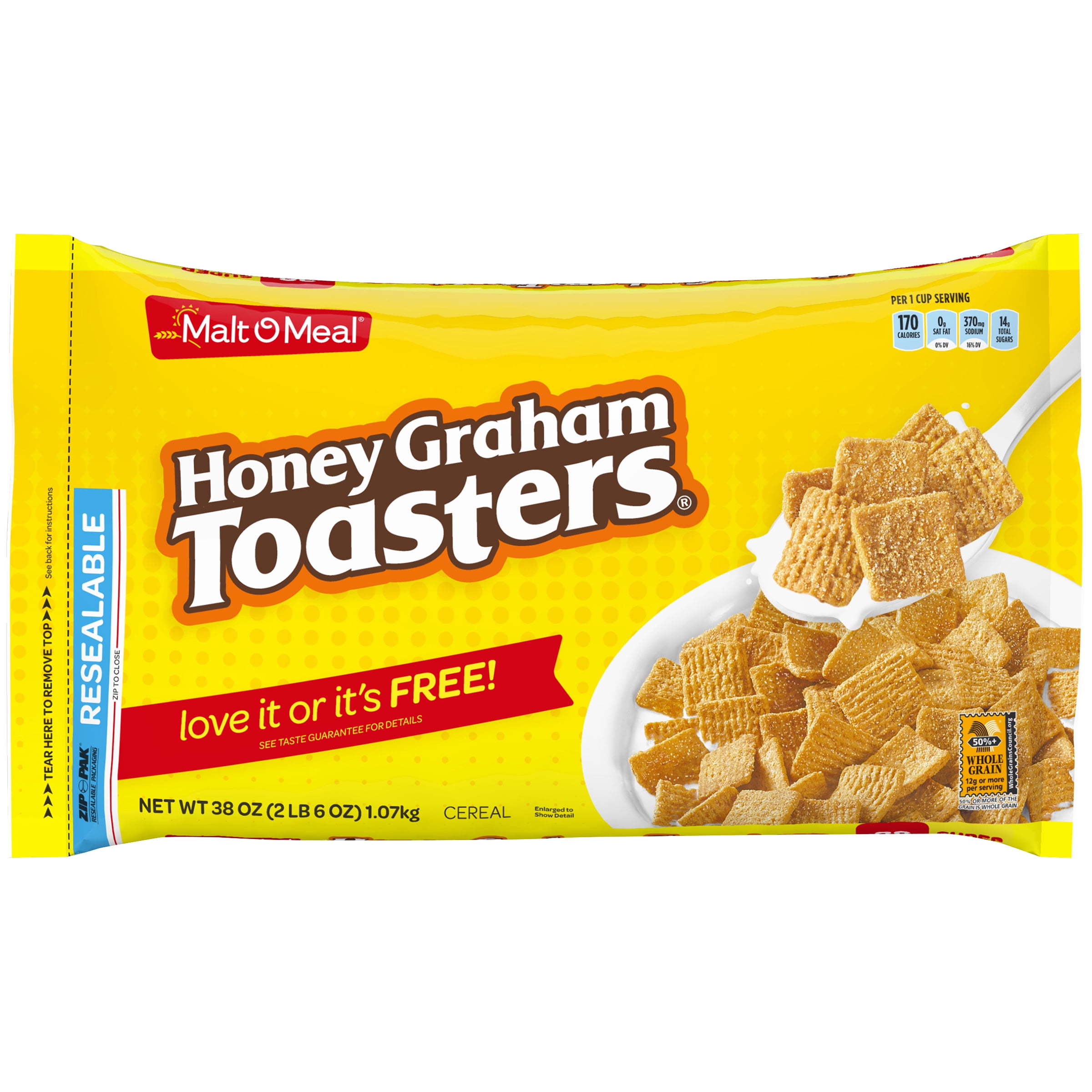 Malt-O-Meal Honey Graham Toasters Breakfast Cereal, Honey Graham Cereal Squares, 38 OZ Resealable Cereal Bag