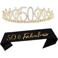 GET IT US 50th Gold Birthday Tiara and Sash Happy 50th Birthday Party Supplies 50 Fabulous Glitter Satin Sash and Crystal Tiara Princess Birthday Crown for Girls 50th Birthday Party Decorations Favor…