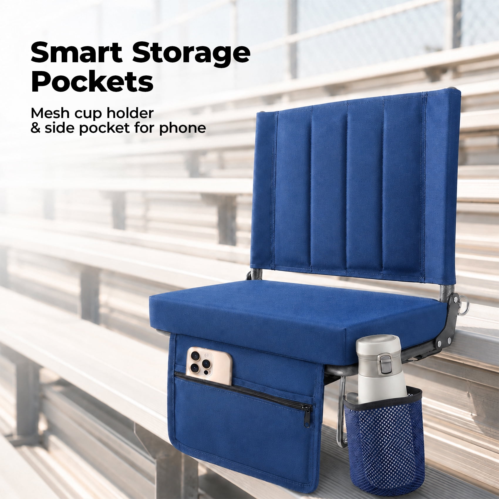 Alvantor Stadium Seat for Bleachers with Back Support, Portable Bleacher Seat with Wide Comfy Padded Cushion, Metal Hook, Folding Stadium Chair with Shoulder Strap, Carry Handle, Cup Holder
