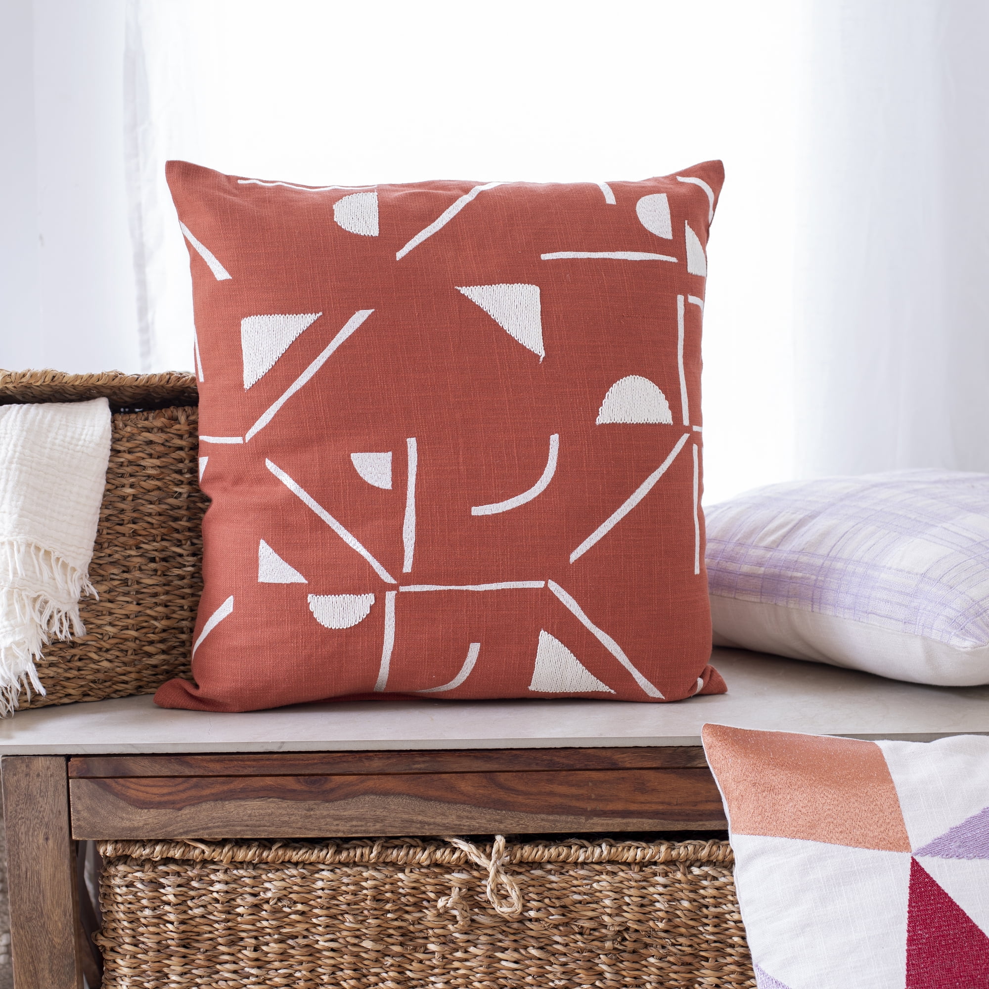 Ox Bay and Stacy Garcia 24" x 24" Orange/Ivory Embroidered Geometric Cotton Blend Adult Decorative Throw Pillow