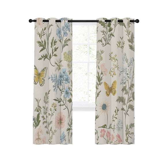 Colored Wildflowers Blackout Curtains for Bedroom Living Room, Butterfly Leaf Linen Texture 54 In Long Thermal Insulated Room Darkening Drapes Grommet Window Treatments, 52 x 54 In