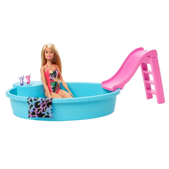 Barbie Doll and Pool Playset with Slide and Accessories, Blonde in Tropical Swimsuit