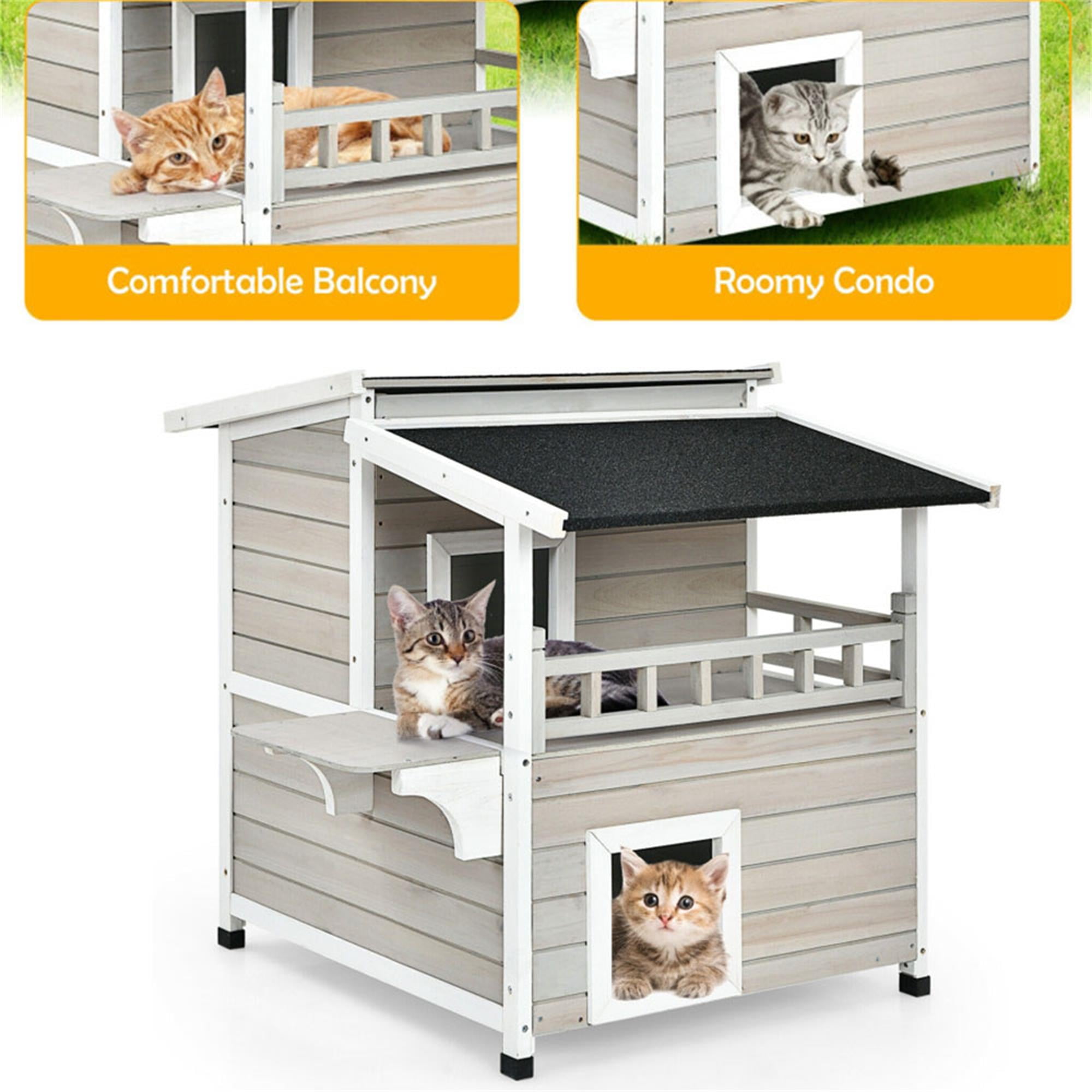resenkos 36" Wooden Cat House with Large Balcony, Cat Condo Shelter Catio for Small Medium Cats, 2-Story Patio Cat Shelter, Gray