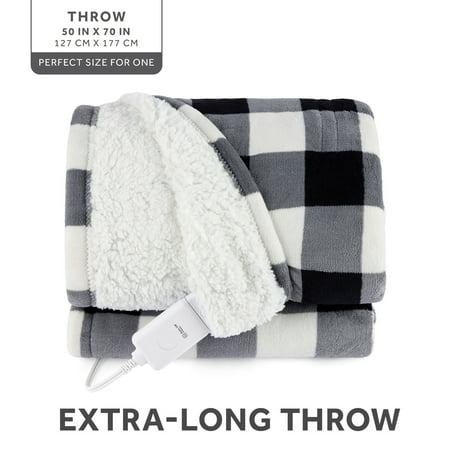 Sunbeam Electric Heated Throw Blanket Black/White Plaid Microplush Faux Shearling 4 Heat 50x70