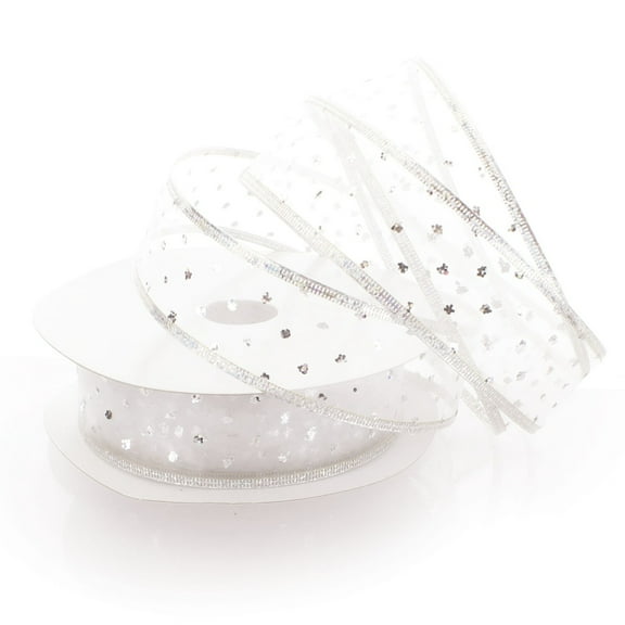 Ribbon Traditions 1 1/2" Wired Ribbon Metallic Banded Edge Sheer Glitter Dots White/Silver 25 Yards