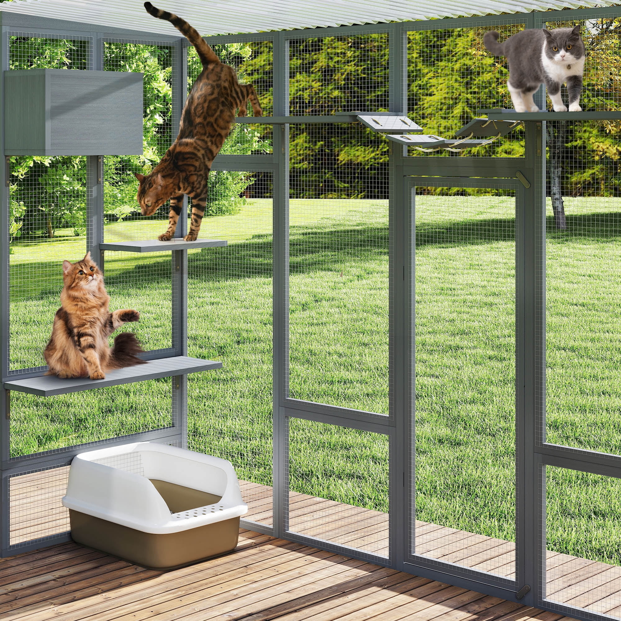 COZIWOW Catio Outdoor Cat Enclosure, 104" L Large Catio for Indoor Cats Window Access, Wooden Cat House