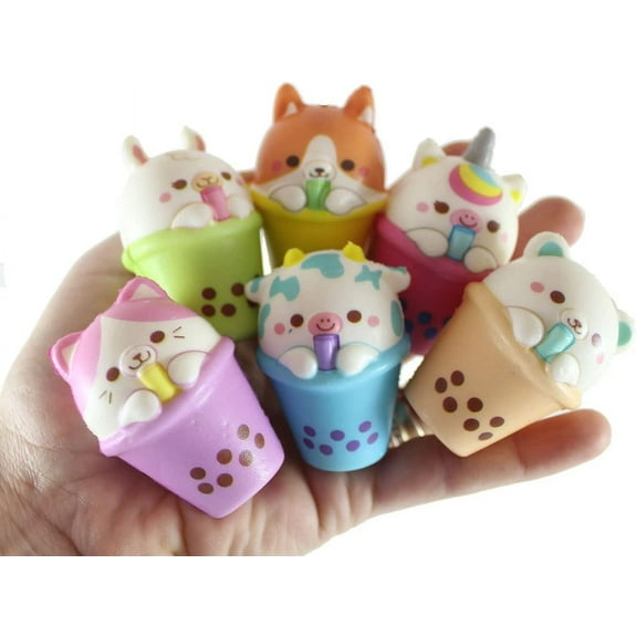 Set of 6 Mini Animal Drinking Bubble Drink Cute Micro Slow Rise Squishy Toys - Mini Animal Fidgets - Memory Foam Party Favors, Prizes, OT Cow, Alpaca, Cat, Corgi, Bear, Unicorn