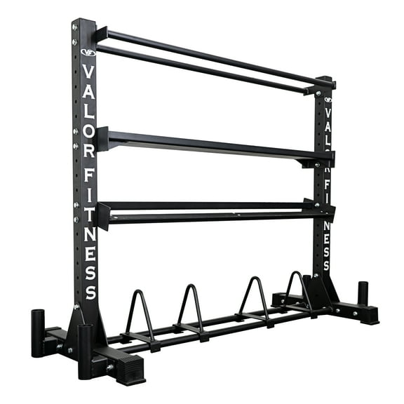 Valor Fitness Combo Weight Storage Rack, 4-Tier Bumper Plate Rack ,Dumbbells, Barbells, & Wall / Medicine Balls -Home Gym Organization -BG-62