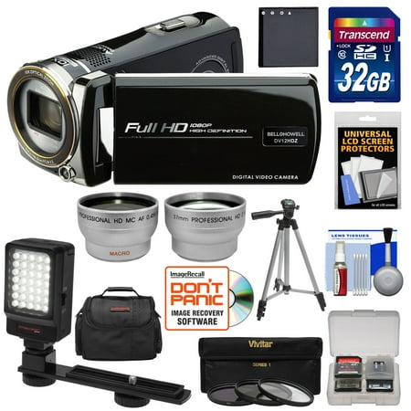 Bell & Howell DV12HDZ 1080p HD Video Camera Camcorder (Black) with 32GB Card + Battery + Case + Tripod + Filters + Video Light + Tele/Wide Lens Kit