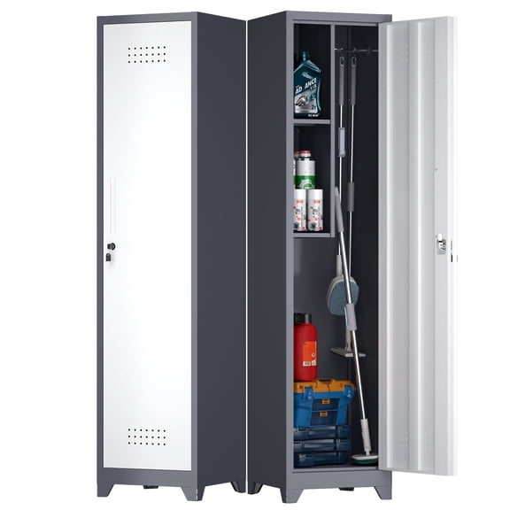 Marcree 65" H Slim Broom Storage Cabinet, Metal Broom Closet with Shelves and Hanging Rod, Utility Cabinet for Brooms and Mops, Tall Cleaning Storage Cabinet for Kitchen, Pantry, Office, Shop, Garage