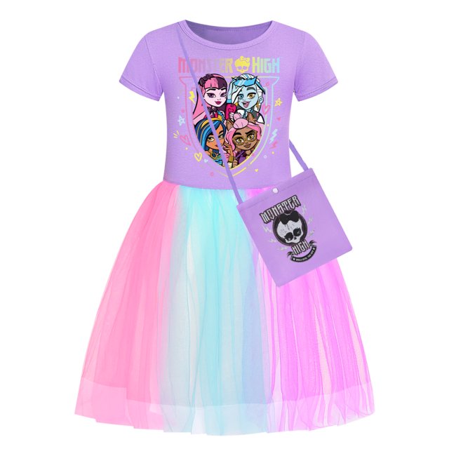Girls Monster High Short Sleeve Rainbow Princess Dress Birthday Party Dress