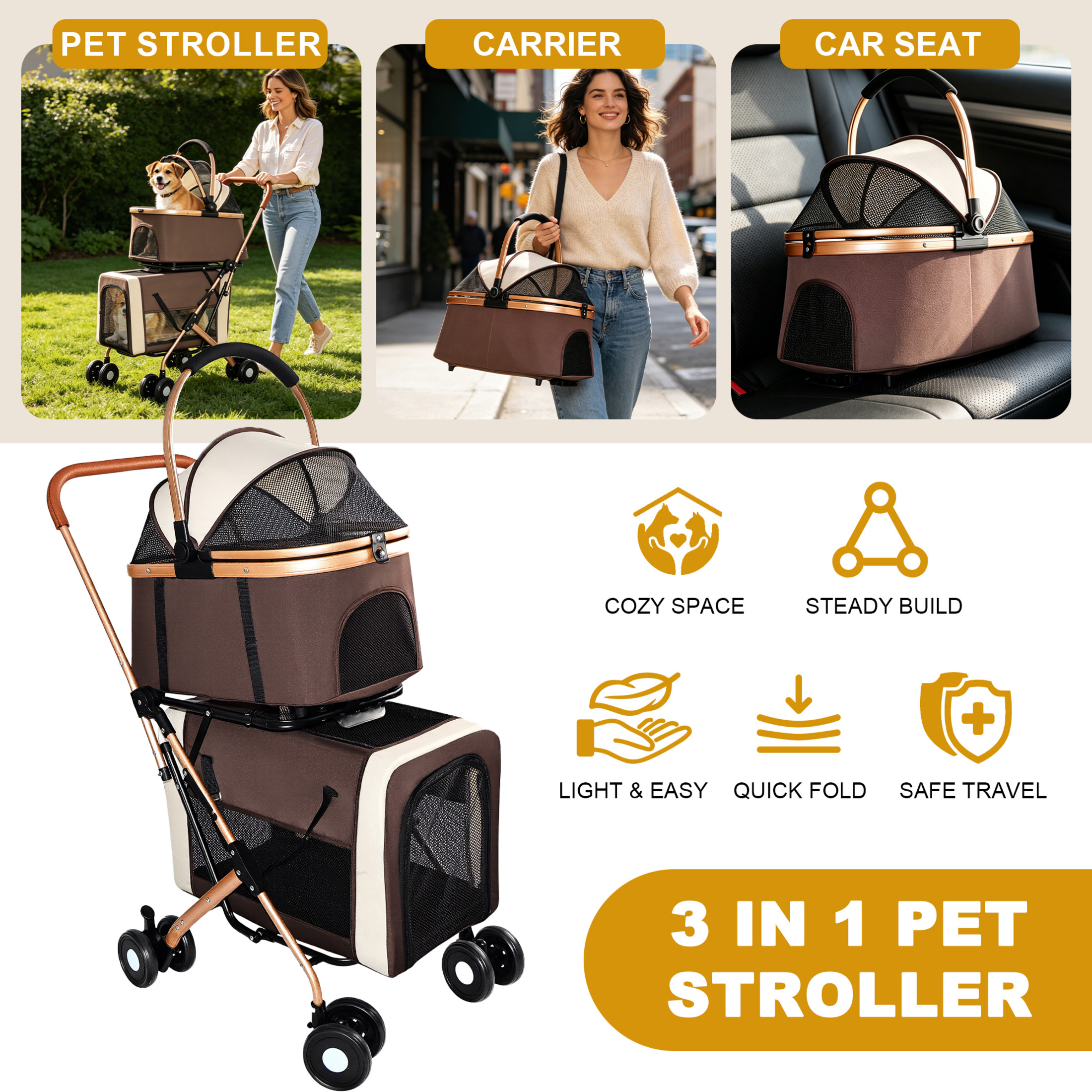 Noble House 3-in-1 Double Pet Stroller for Dogs & Cats with Detachable Carriers, Foldable Frame, Khaki