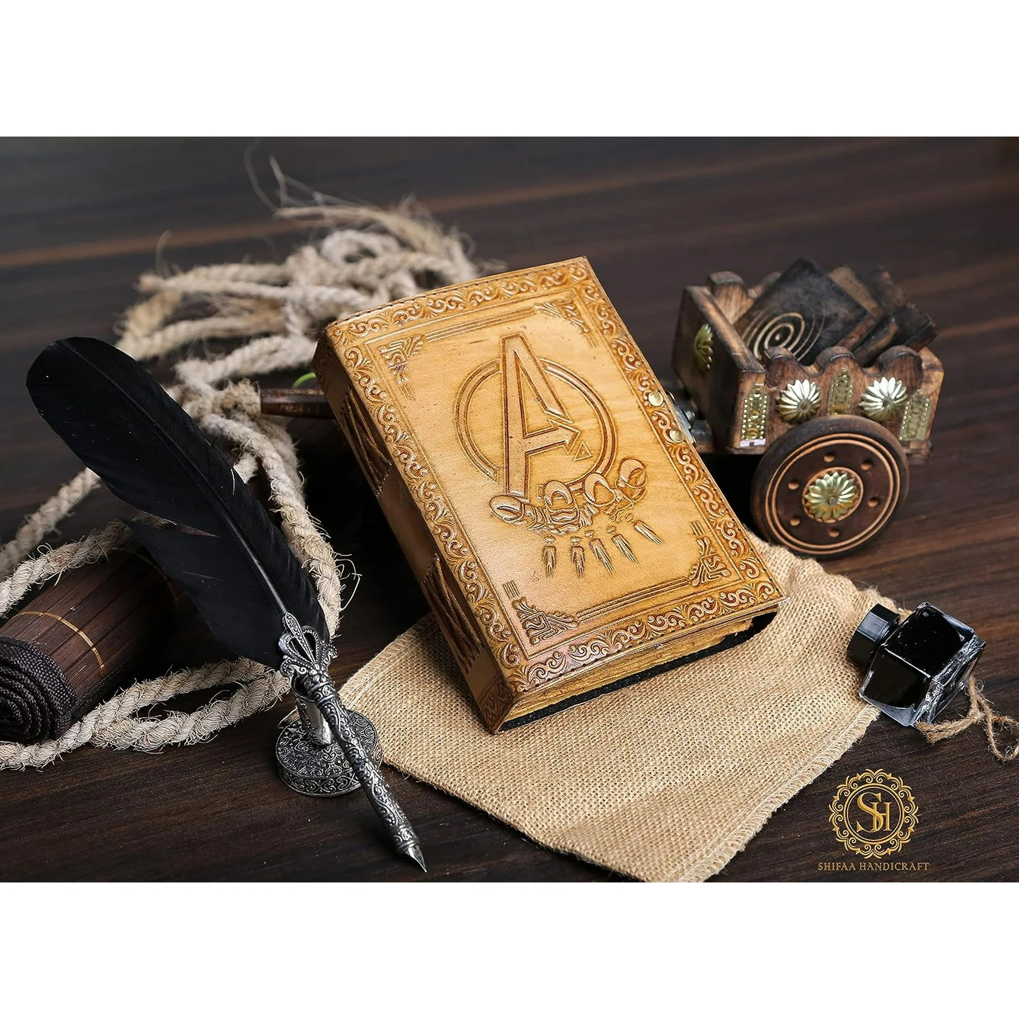 Avengers Marvels Logo Embossed Vintage Leather Sketchbook Journal Writing Notebook for Men & Women Leather Bound Notebook Daily Notepad 8x6 Inches.