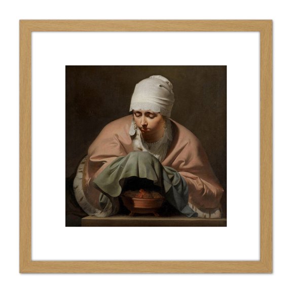 Everdingen Young Woman Warming Hands Brazier Winter 8X8 Inch Square Wooden Framed Wall Art Print Picture with Mount