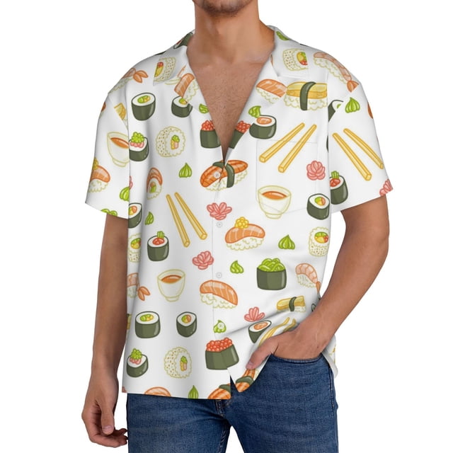 Balery Sushi and Rolls Camisa Casual de Manga Corta con Botones para Hombre, Texturizada, Estilo Cubano, para Playa, Verano-X-Large