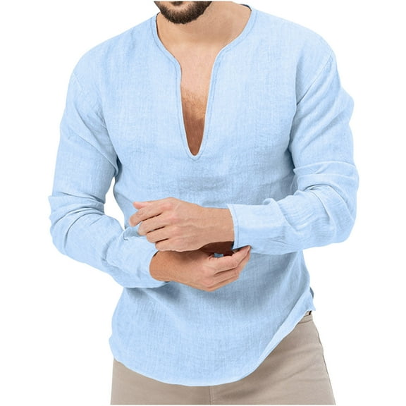 VERUGU Mens Shirt Lightweight Breathable Casual Fashion Solid Color Long Sleeve V-Neck Fit Summer Loose Comfortable Blouse Sky Blue XXL
