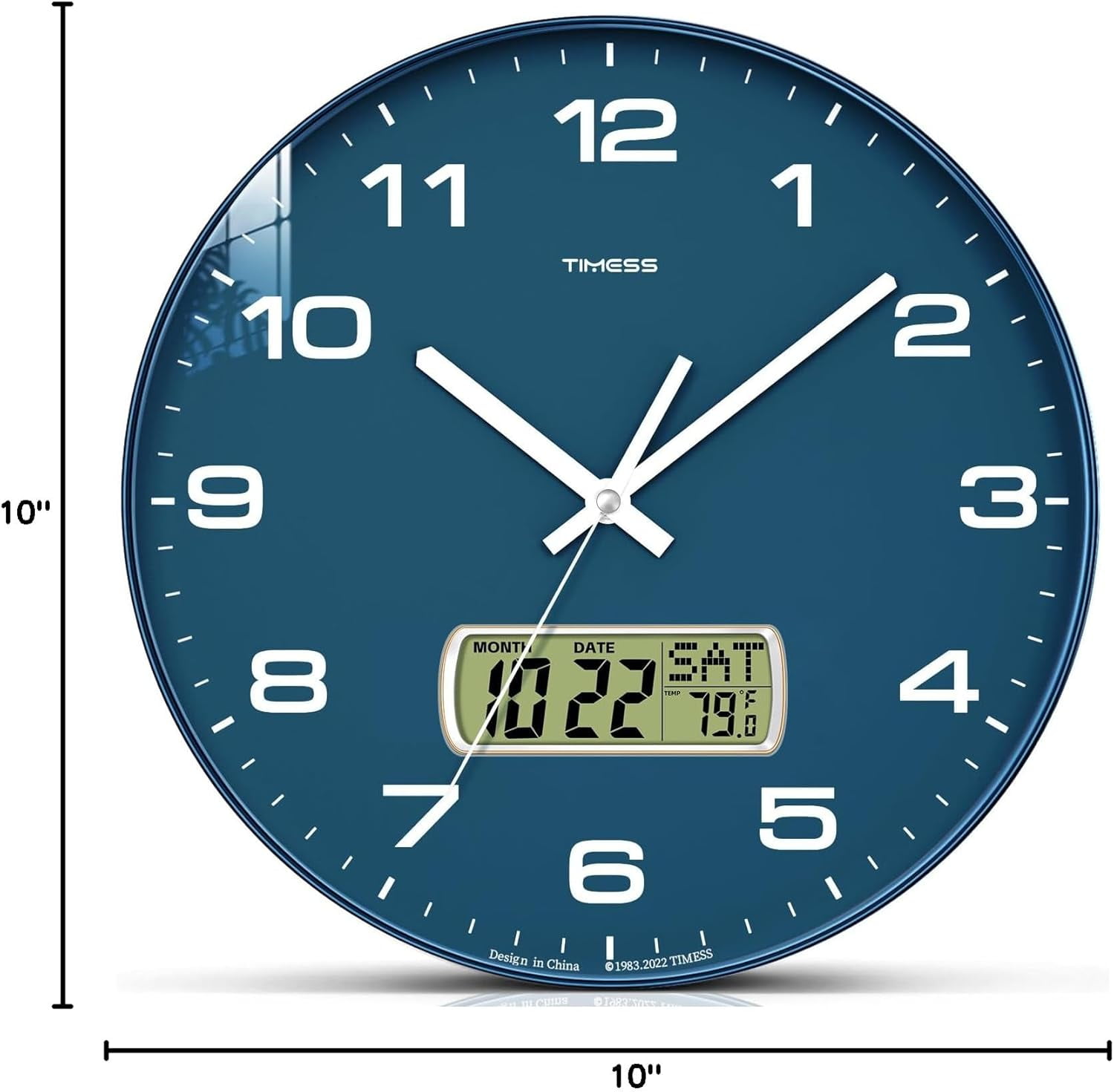 TIMESS 10" Analog Wall Clock with Date Display, Battery Operated Modern Clock for Living Room (Blue)