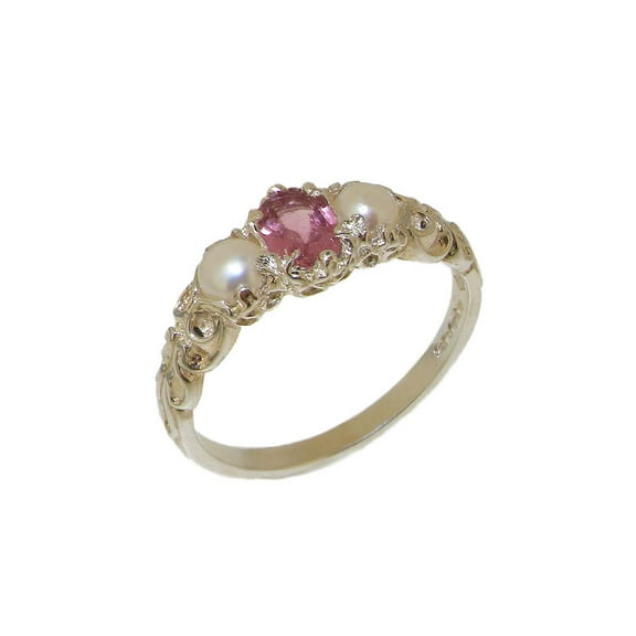 LBG British Made 10k White Gold Natural Pink Tourmaline & Cultured Pearl Womens Trilogy Ring - 33 size options