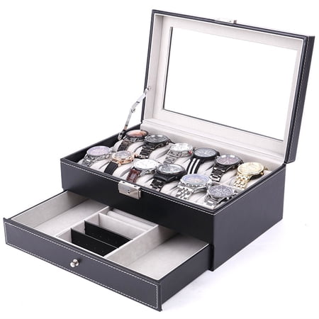 12 Slot PU Leather Watch Storage Boxes, Men & Women Jewelry Display Drawer Case, 2-Tier Organizer Watch Showcase with Glass Lid