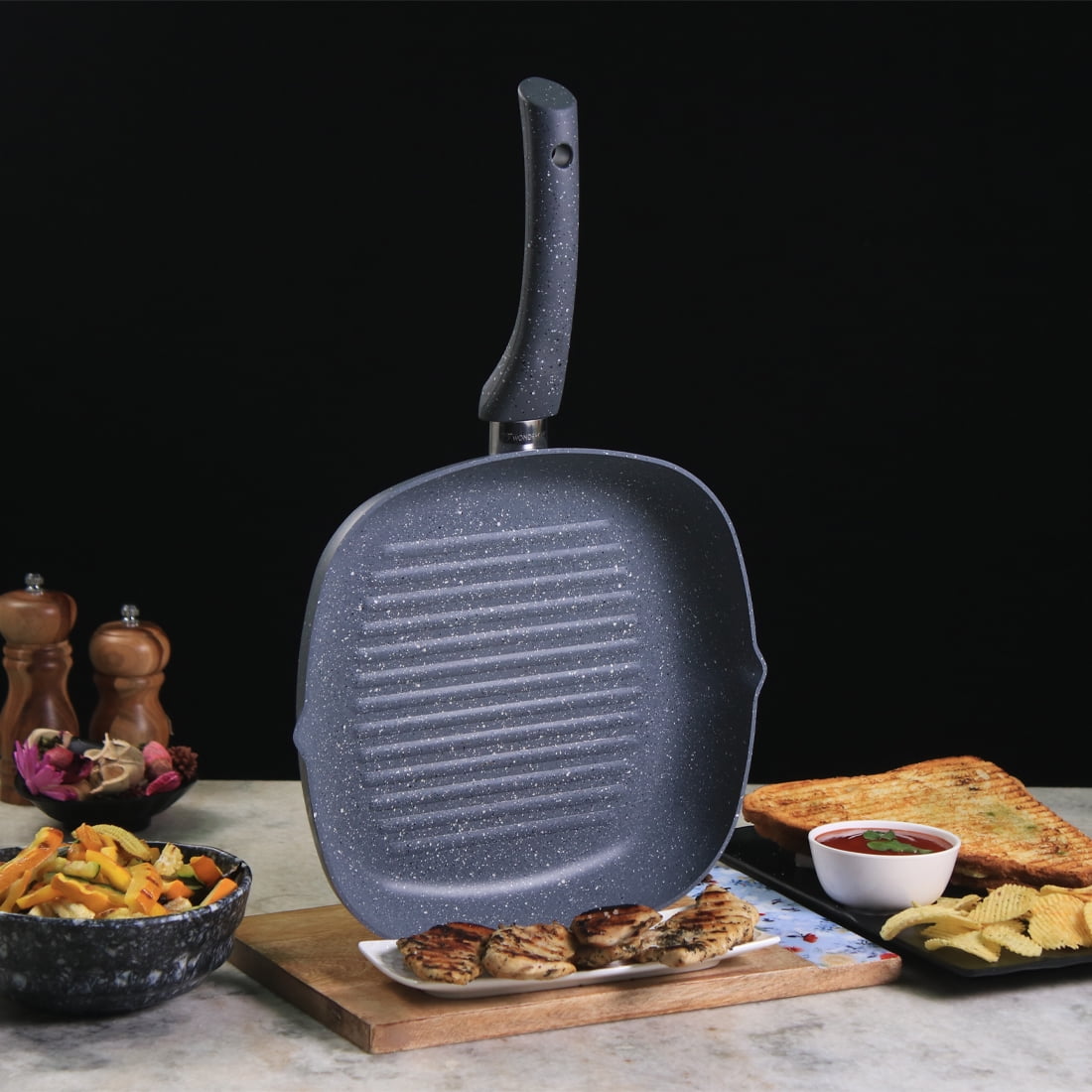 Wonderchef Granite Forged Non-Stick and PFOA-Free Aluminum Indian Cooking Grill Pan , 24cm, Gray