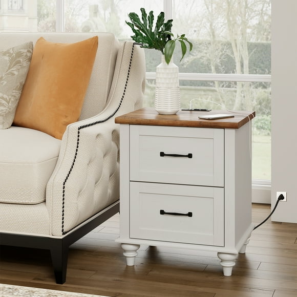 WAMPAT Farmhouse Nightstand, Bedside Table, Sofa End Table with Charging Station, USB Ports, Power Outlets, 2 Drawers, for Bedroom, Living Room, White&Brown