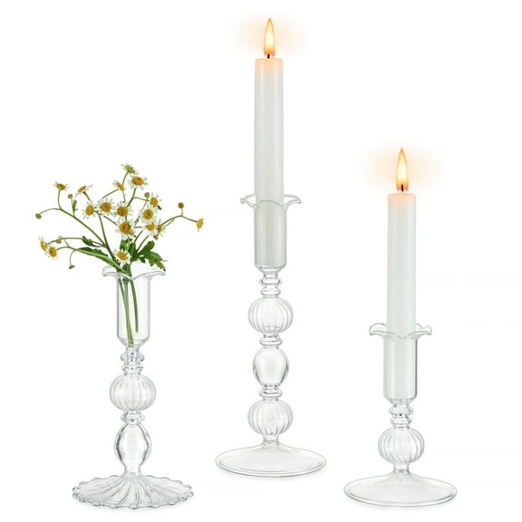 Glasseam Set of 3 Clear Glass Taper Candle Holders: Modern Cylinder Ribbed Design for Weddings, Christmas Decor- Boho Home Centerpiece